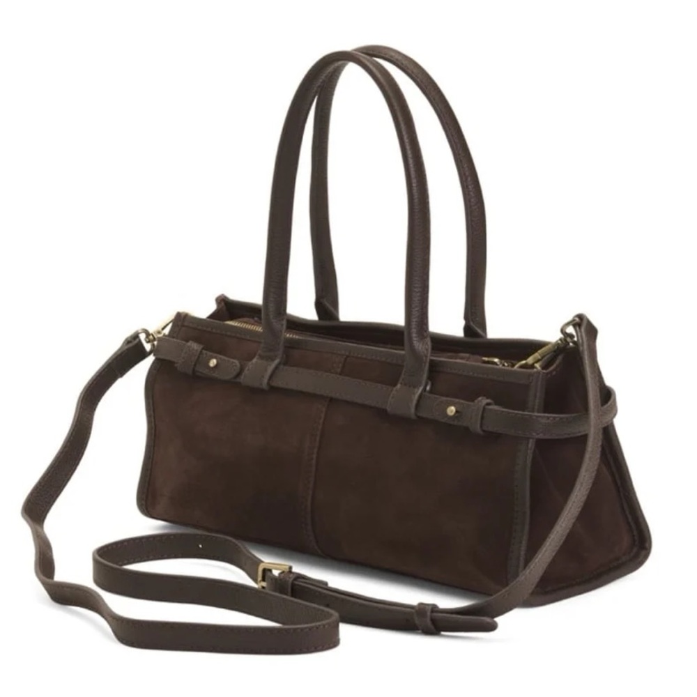 NWT Suede Genuine Leather Chocolate Dark Brown East West Bag Made in India New - Picture 2 of 15